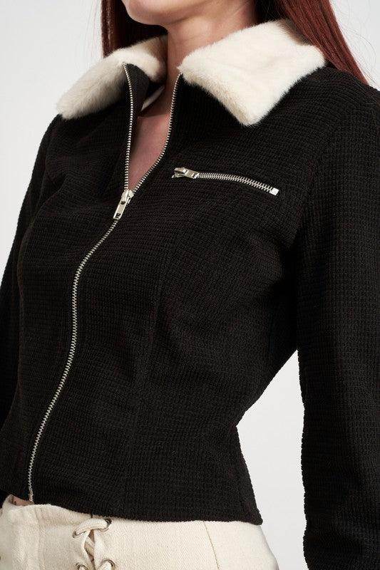 Emory Park black and white cuff jacket with a stylish zip and faux fur collar for a chic look