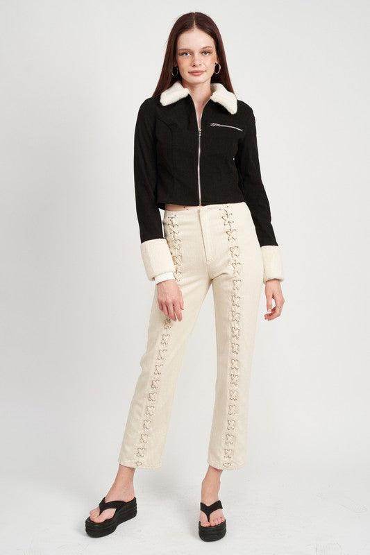 Emory Park black and white cuff jacket with a stylish cropped design and soft collar for women