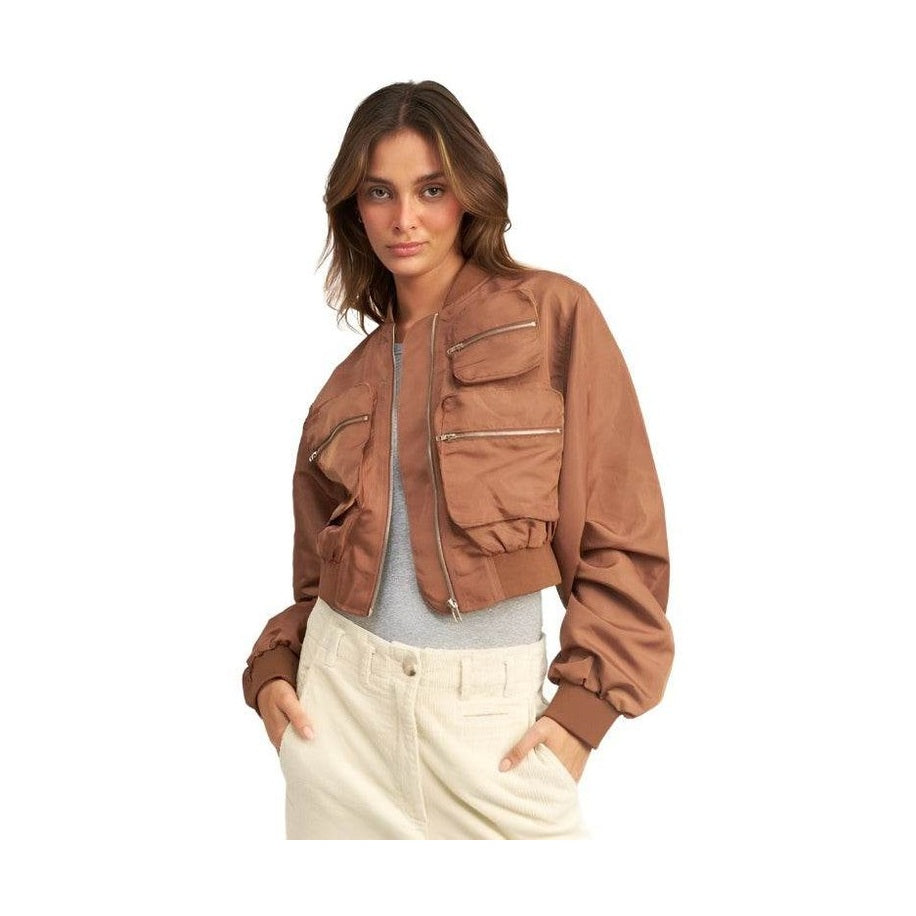 Emory Park women's black brown bomber jacket with front pockets and a stylish cropped design