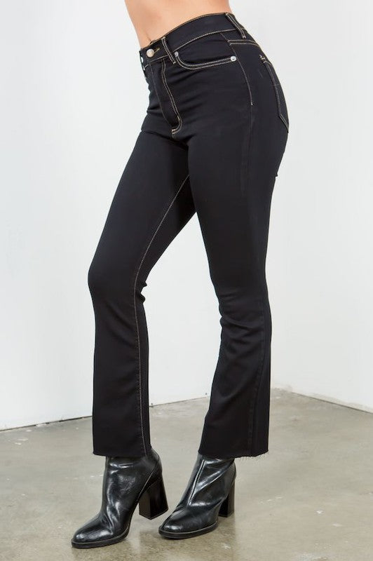 GJG Denim women's high waisted ankle length jeans in black with contrast stitching and front pockets