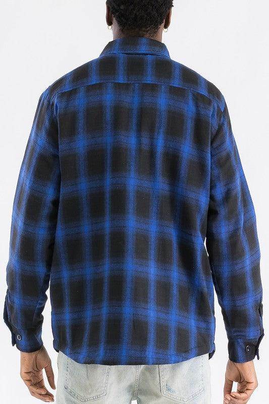 Men's blue black plaid shirt men by WEIV with a stylish back view and soft fabric