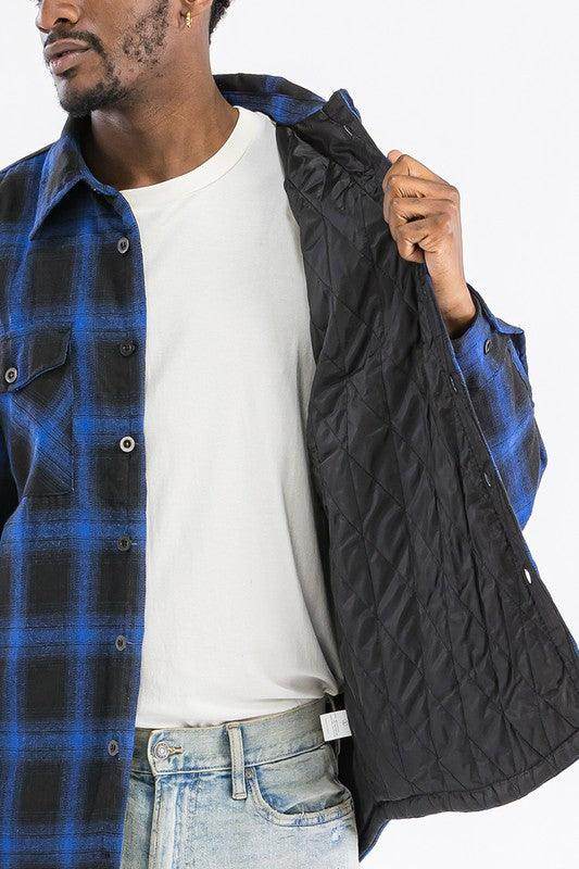 WEIV blue black plaid shirt men featuring a stylish quilted lining for warmth and comfort
