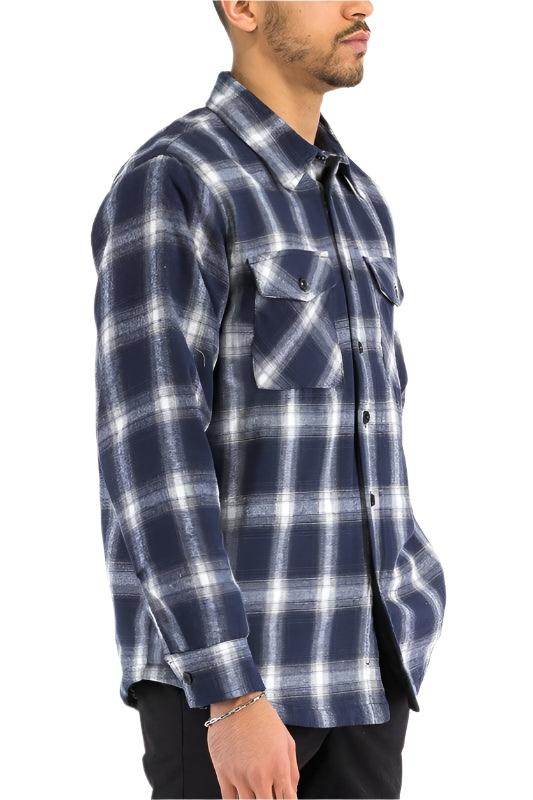 WEIV blue black plaid shirt men featuring a classic design with chest pockets and long sleeves