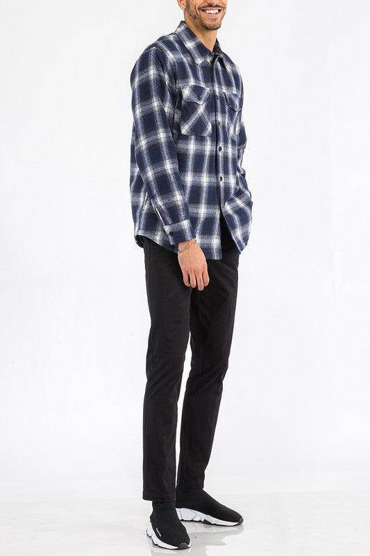WEIV blue black plaid shirt men with button-up front and chest pockets, perfect for casual wear