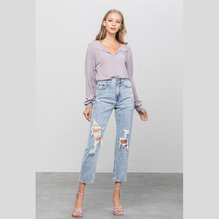 Denim Lab USA Women's Comfortable Travel Jeans in light blue with distressed details for stylish comfort