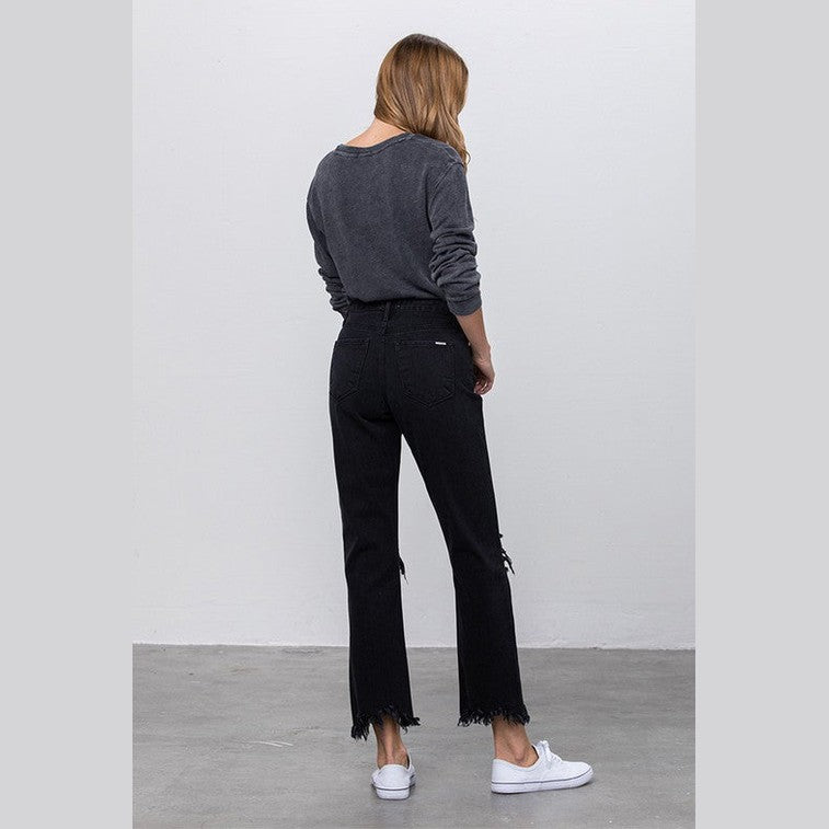 Back view of Insane Gene edgy straight leg jeans in black with frayed hem details