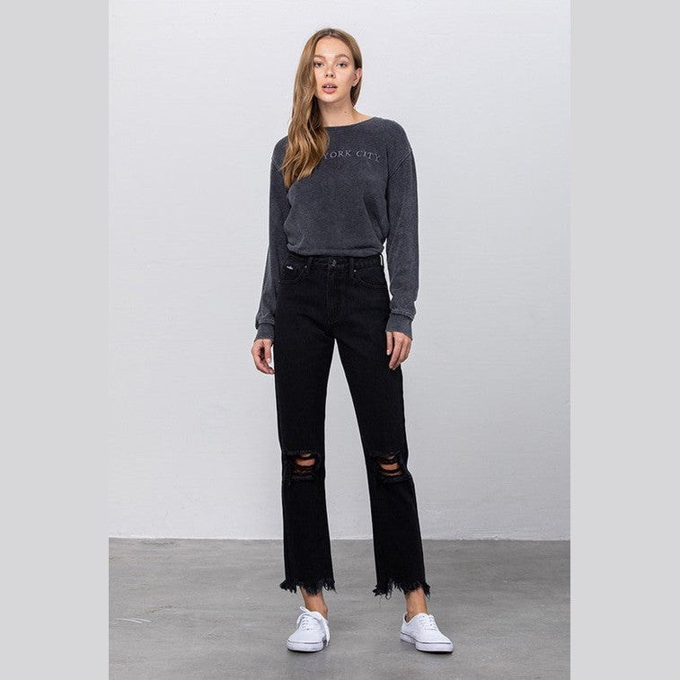 Insane Gene women's edgy straight leg jeans with ripped knees and frayed hem for a stylish look