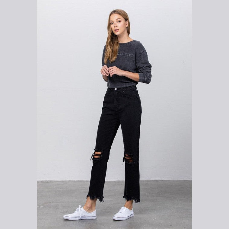 Edgy straight leg jeans by Insane Gene with distressed knees and frayed hem for a stylish look