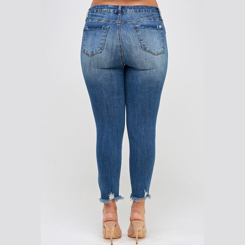 Insane Gene high waisted plus size distressed denim jeans with a snug fit and frayed hem detail