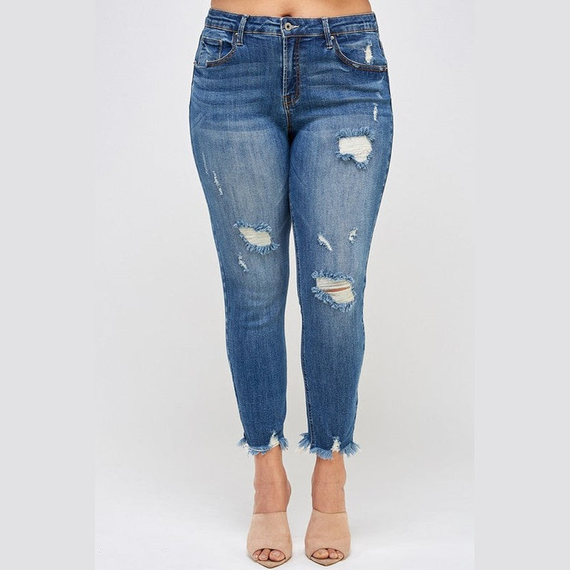 Insane Gene Women's High Waisted Plus Size Distressed Denim Jeans in Light Wash with Ripped Details