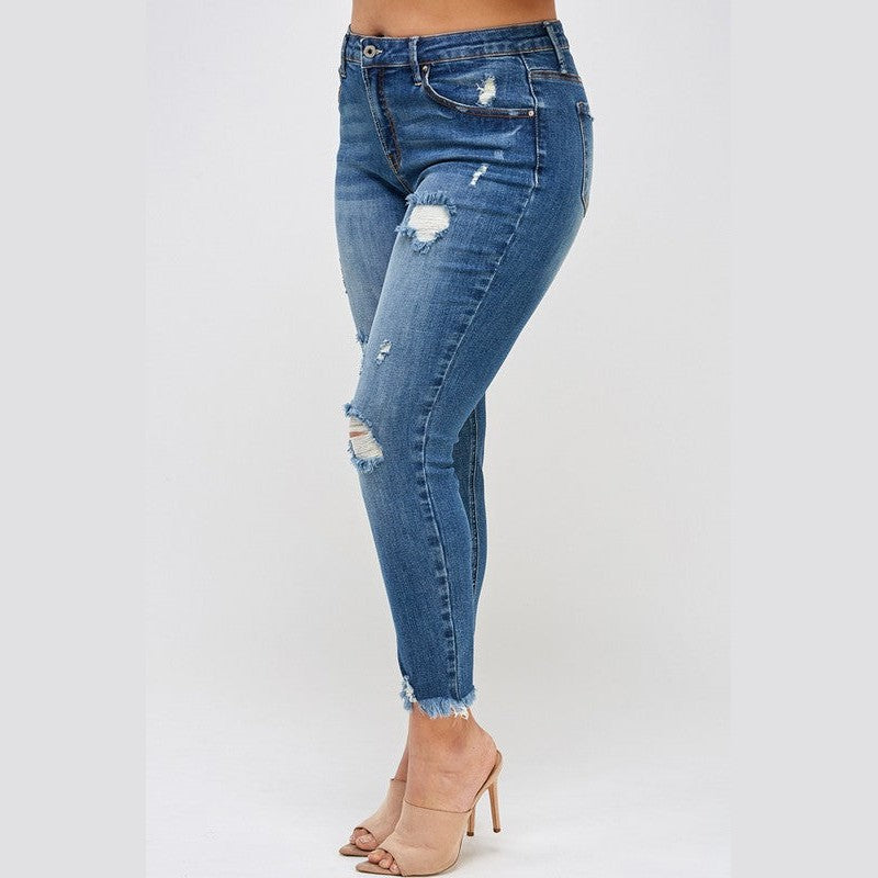 Insane Gene high waisted plus size distressed denim jeans in blue with frayed hem and ripped details