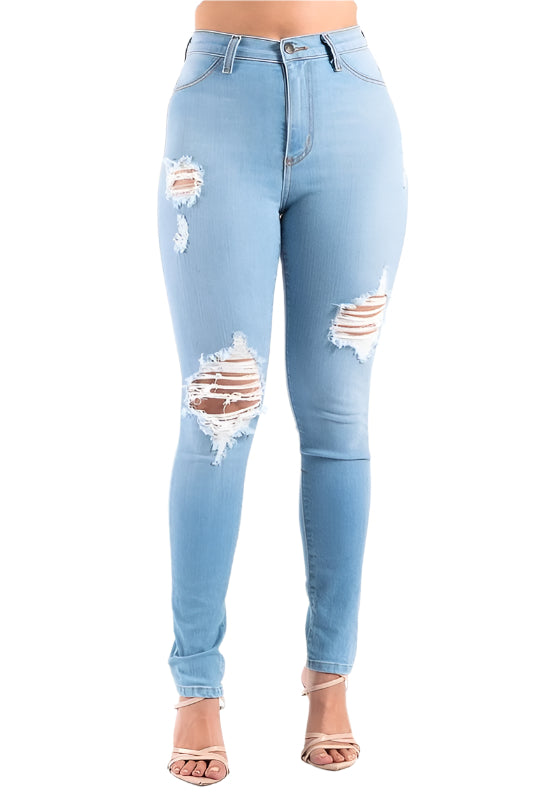 GJG Denim light wash skinny jeans women with distressed details and a flattering fit