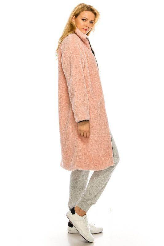 Women's long pink fleece coat by Andante USA, soft and stylish for cozy comfort in winter fashion