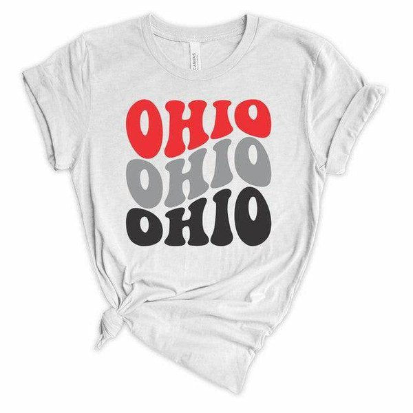 Ocean and 7th Ohio vacation shirt in gray with bold red and black designs
