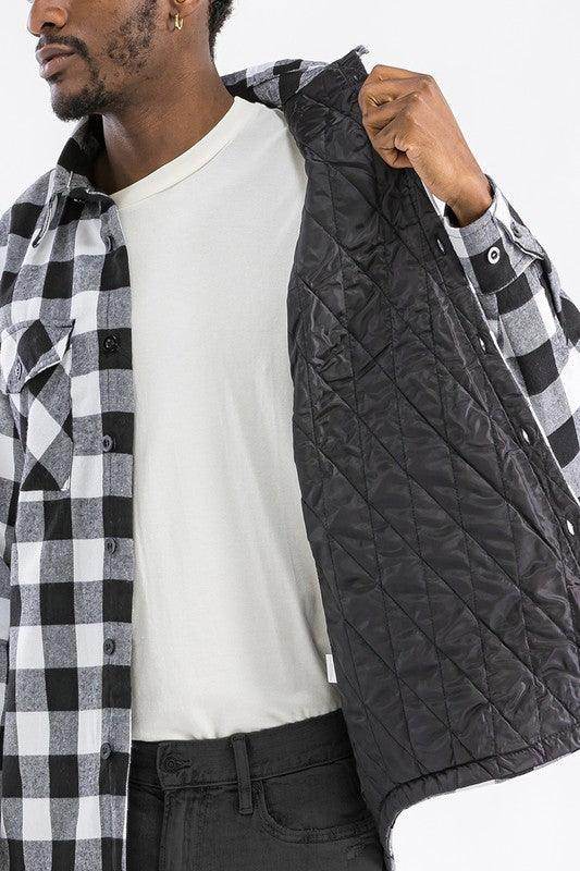 Men's WEIV padded flannel jacket for men in black and white check with quilted interior