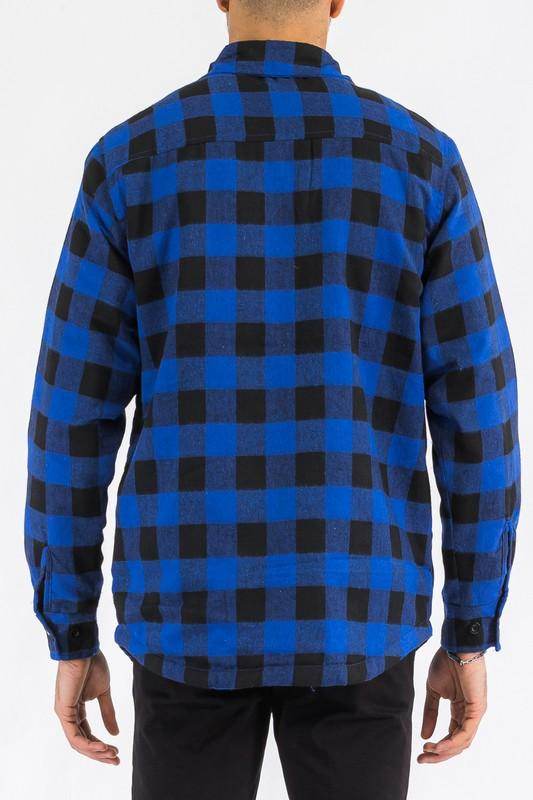 Back view of a blue and black checkered padded flannel jacket for men by WEIV