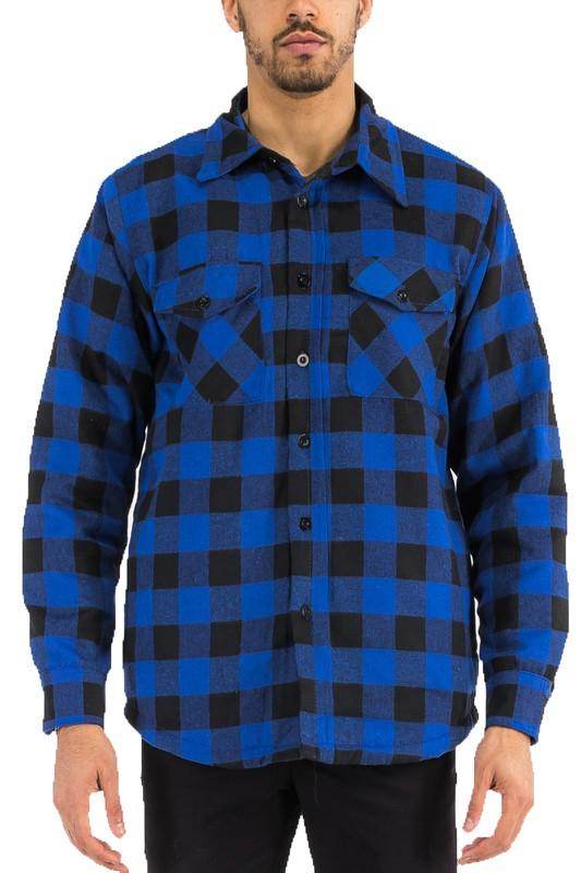 WEIV padded flannel jacket for men in blue and black checked pattern with button closure