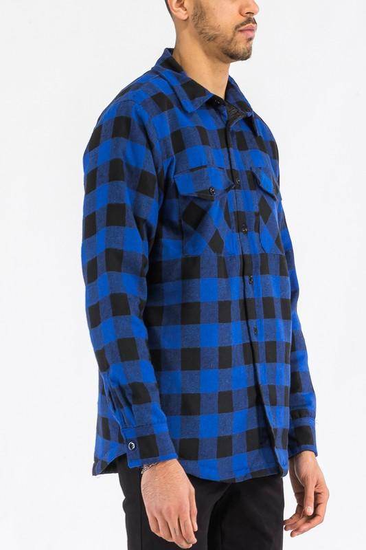 Stylish blue and black plaid padded flannel jacket for men with button details and chest pockets