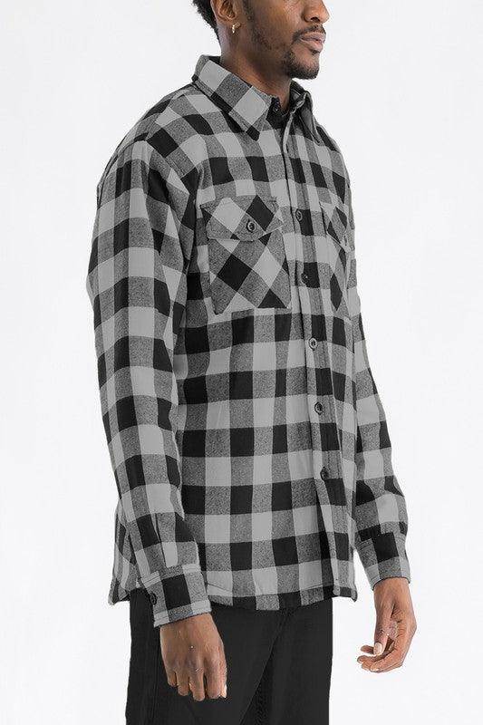 WEIV padded flannel jacket for men in black and grey checkered pattern with button closure