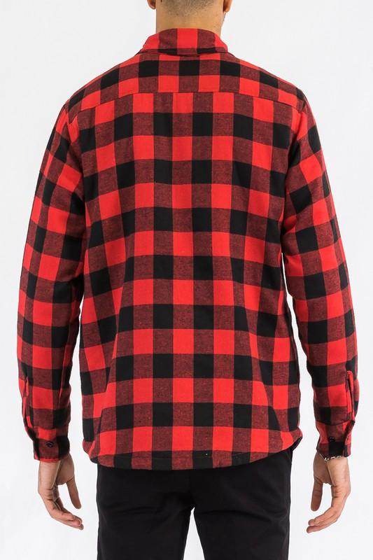 Back view of WEIV padded flannel jacket for men in red and black plaid pattern