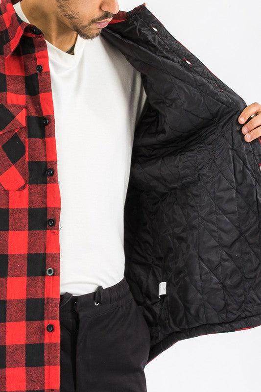 WEIV padded flannel jacket for men featuring a black interior and classic red check pattern