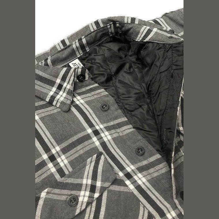 WEIV quilted flannel shirt for men in grey and black plaid pattern with button details