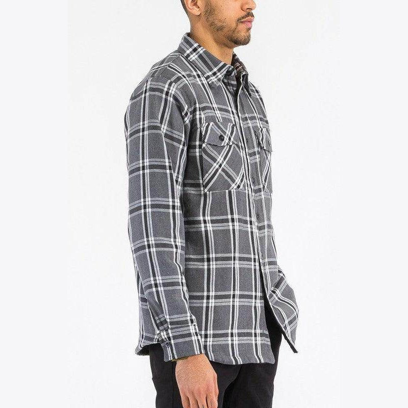 Gray plaid WEIV quilted flannel shirt for men with two chest pockets and a stylish design