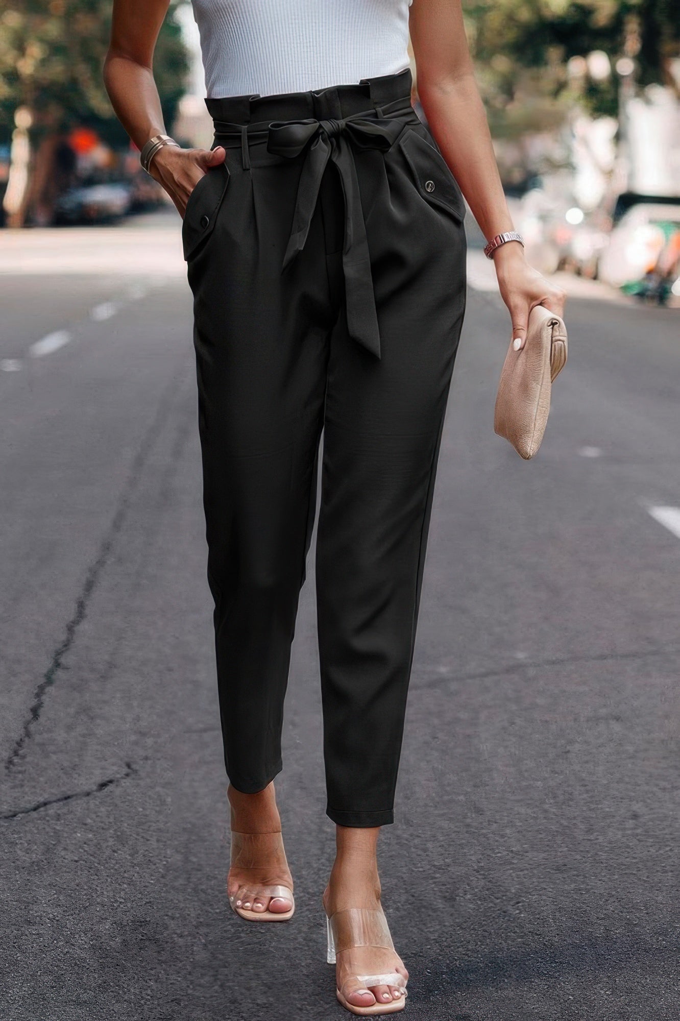 VacationGrabs ruffle belt skinny pants in dark green with a stylish bow detail and front pockets