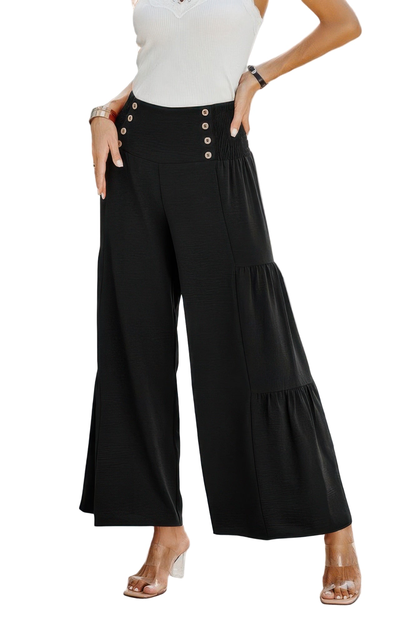 Solid button wide leg trousers in black with a stylish high-waisted design for women's casual wear
