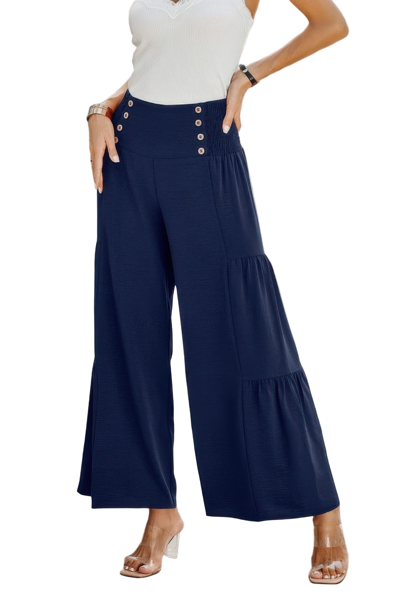 Navy solid button wide leg trousers featuring a high waist design and stylish wide leg fit