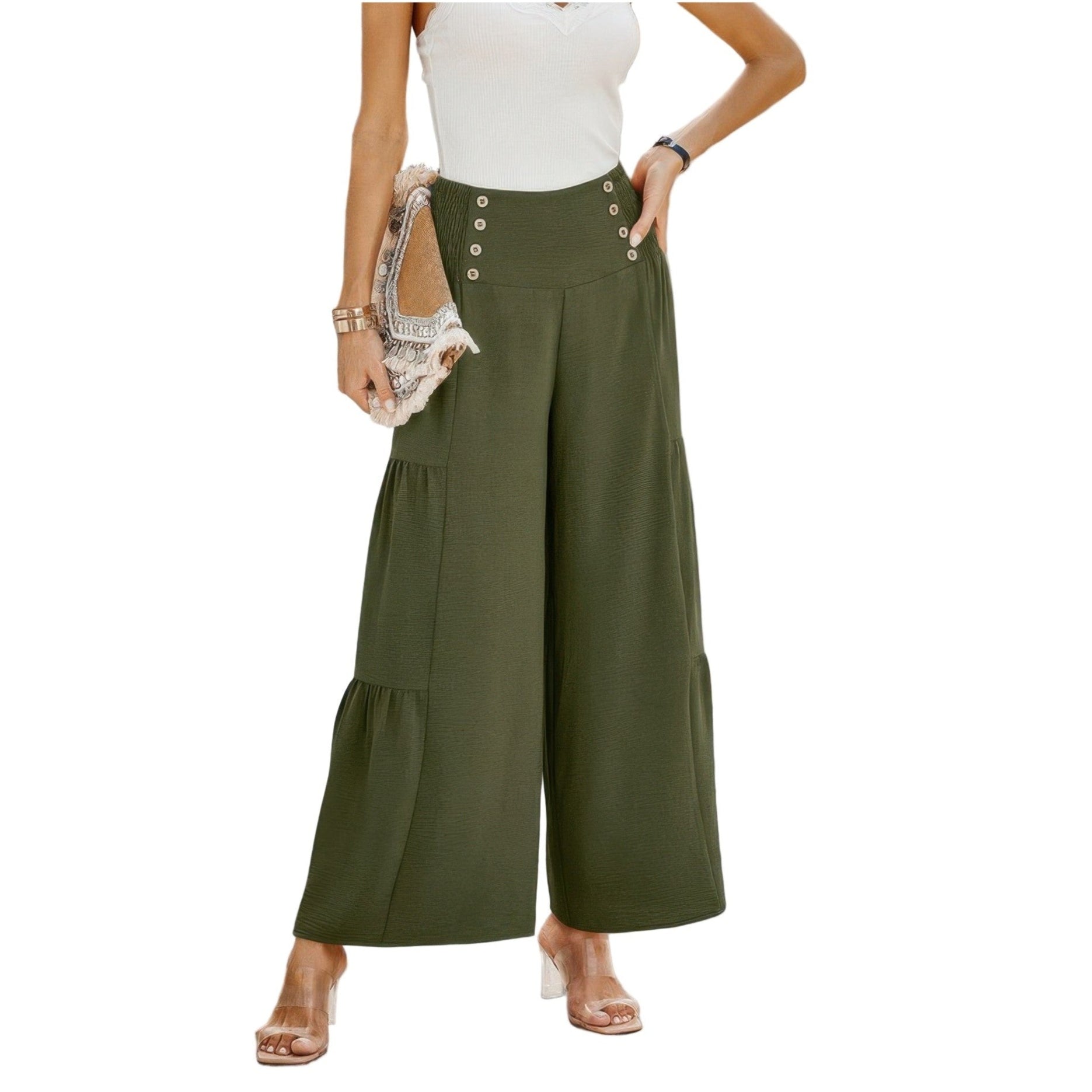 Women wearing solid button wide leg trousers in olive green for a stylish summer look