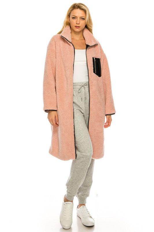 Stylish pink coat from Andante USA featuring a cozy design and large pockets for comfort