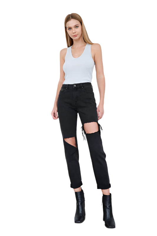 Trendy black ripped jeans for women with a high waist and stylish cutouts