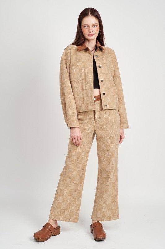 Emory Park trendy travel jacket in beige corduroy for stylish and comfortable travel looks