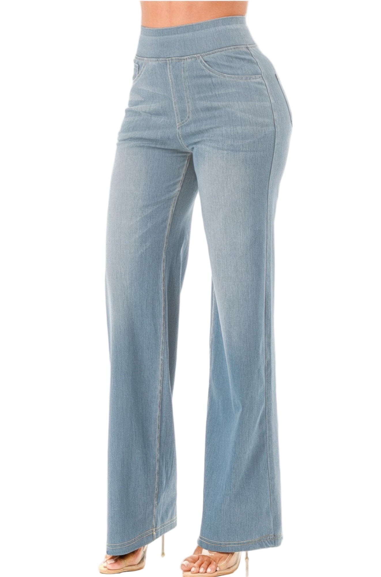 VacationGrabs ultra soft flare baggy jeans in light blue featuring a high waist and relaxed fit