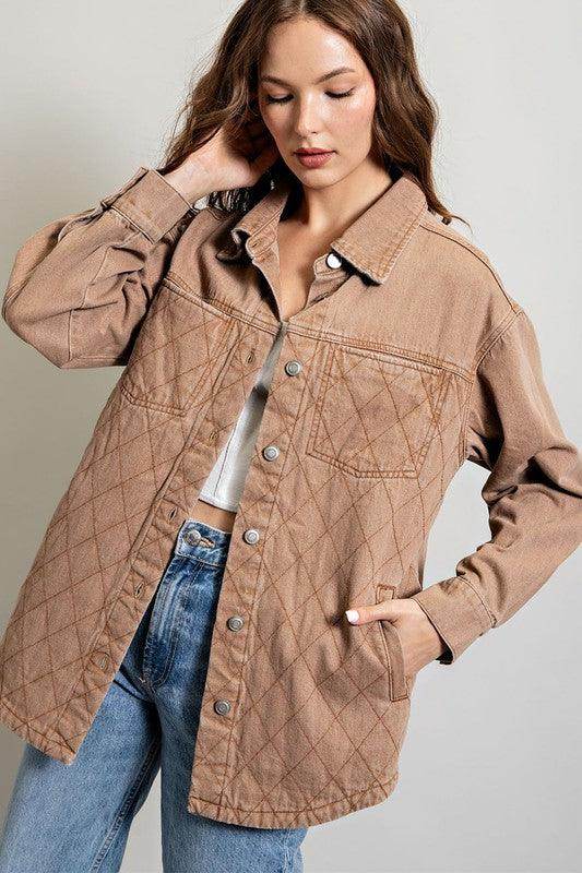 Womens Camel Quilted Button Down Jacket - VacationGrabs