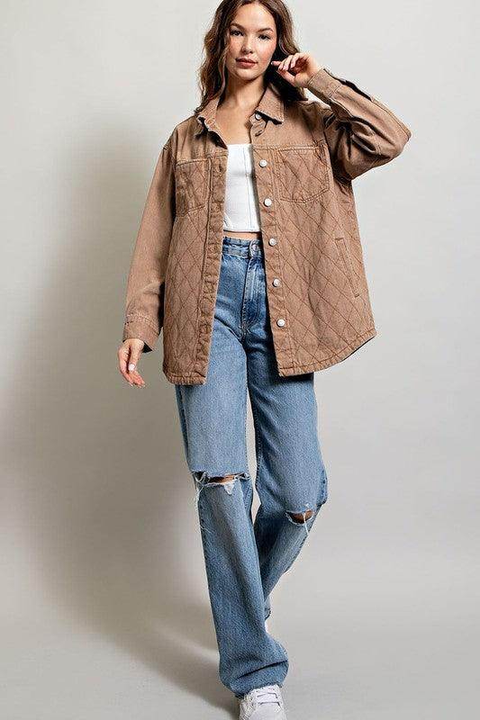 Womens Camel Quilted Button Down Jacket - VacationGrabs