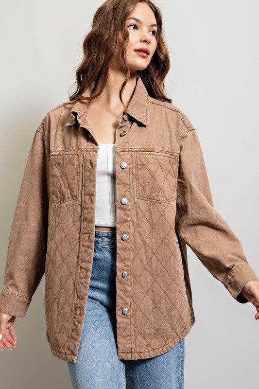 Womens Camel Quilted Button Down Jacket - VacationGrabs