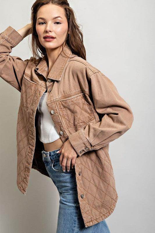 Womens Camel Quilted Button Down Jacket - VacationGrabs