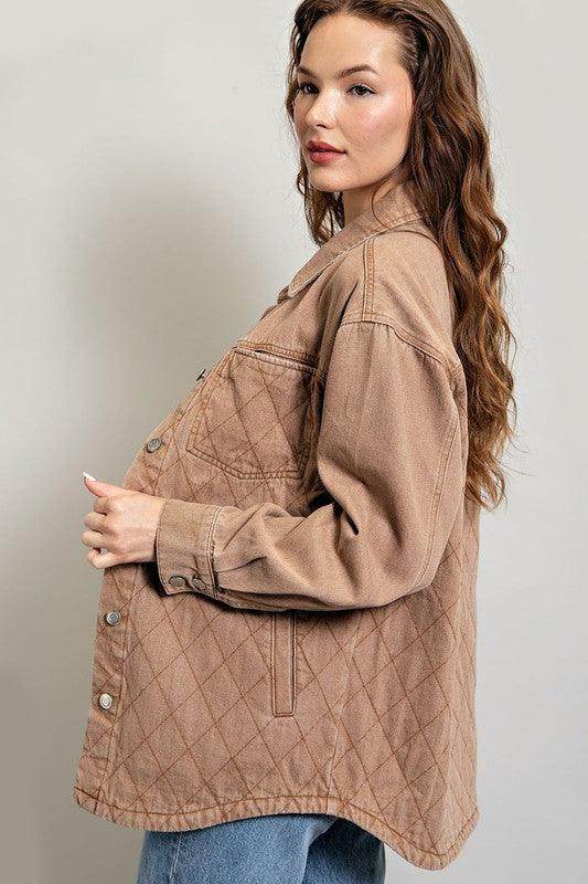 Womens Camel Quilted Button Down Jacket - VacationGrabs