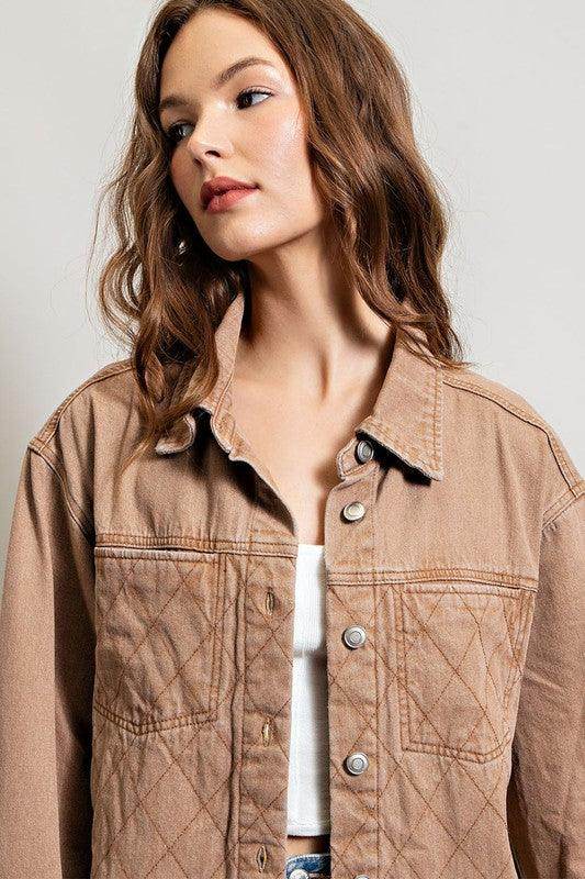 Womens Camel Quilted Button Down Jacket - VacationGrabs