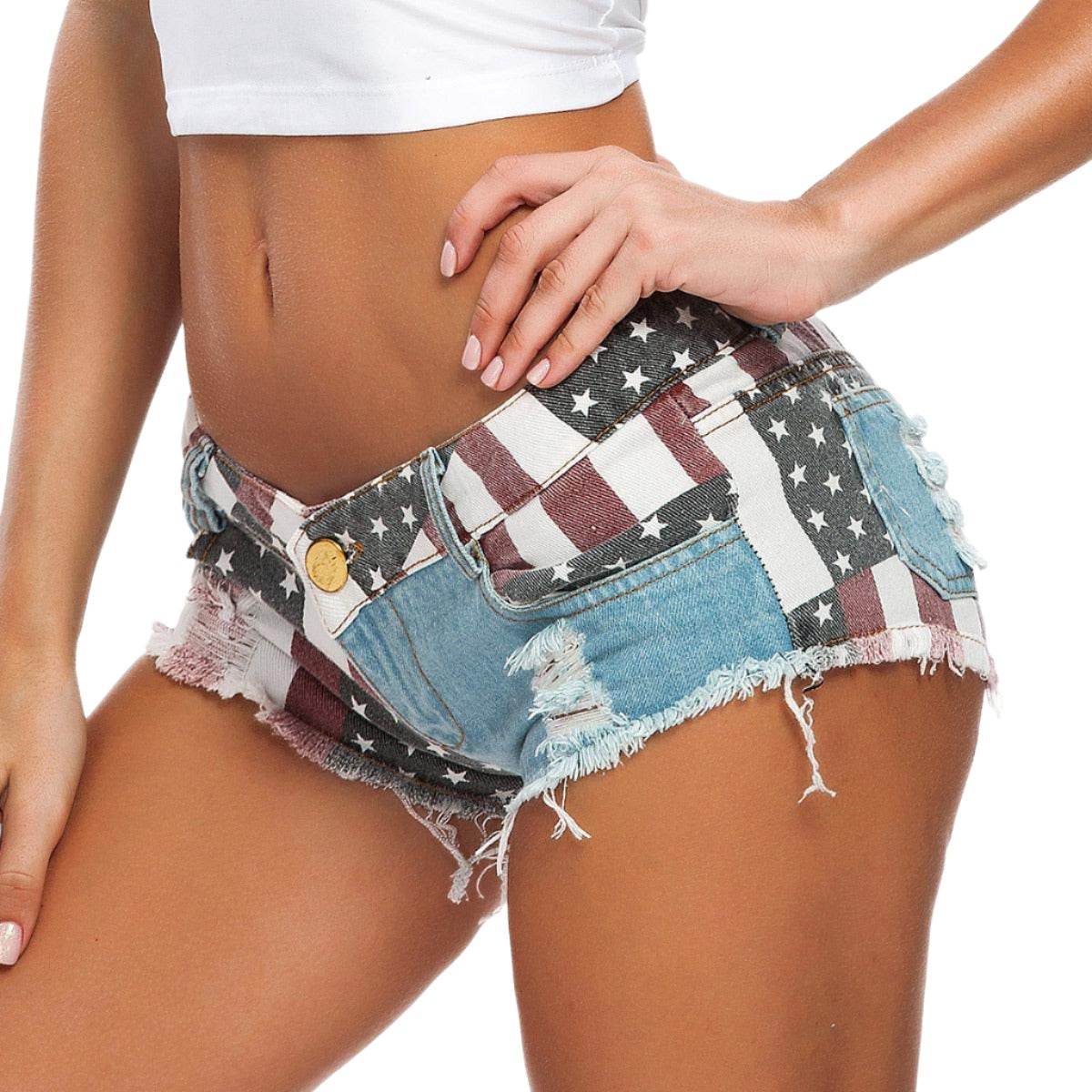 Stylish American flag denim shorts with distressed detailing and a fitted design for summer outfits