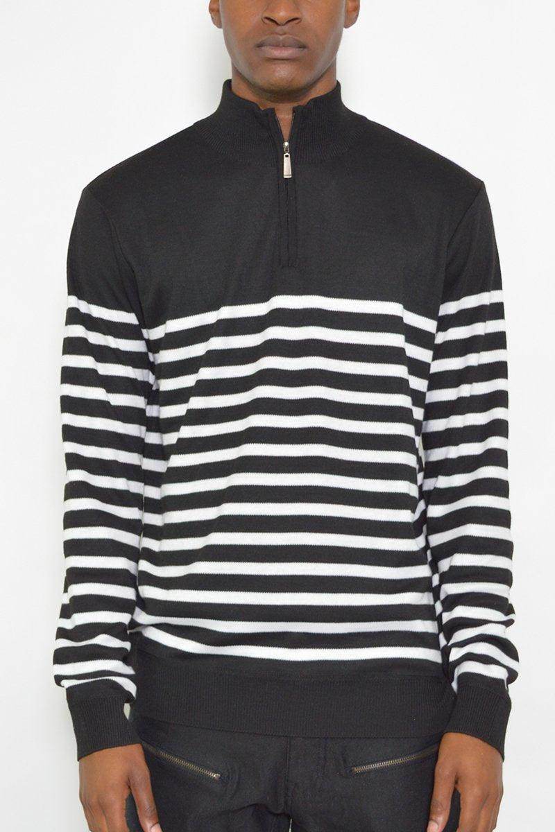 Black and white striped half zip pullover shirt for men, perfect for casual outings and layering