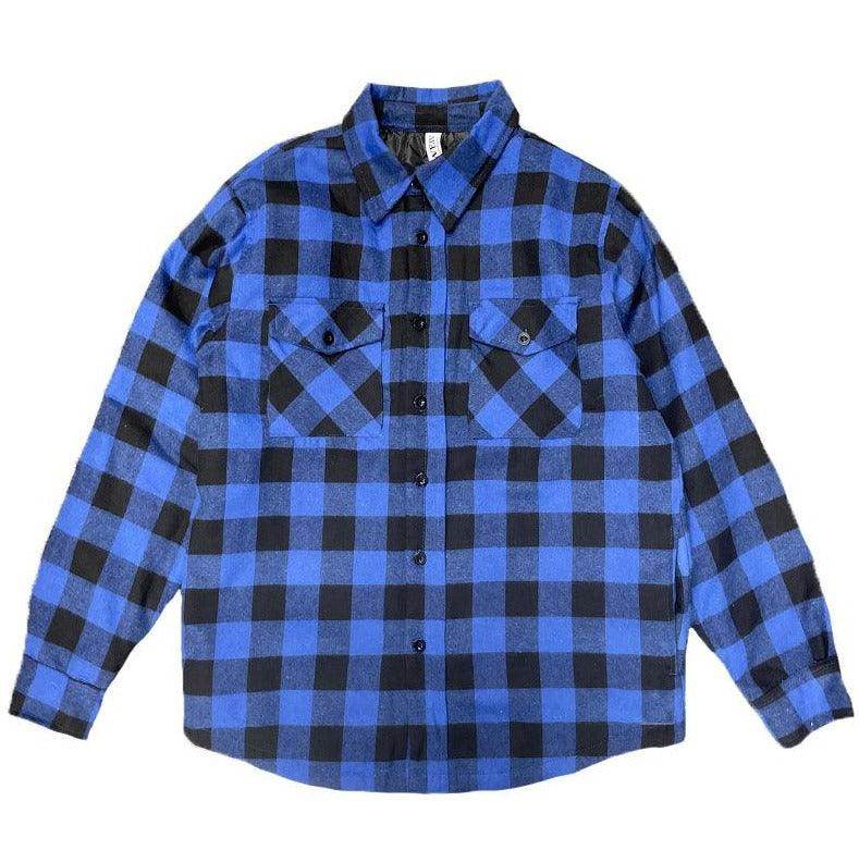 VacationGrabs mens quilted flannel shirt in blue and black checkered pattern with two chest pockets