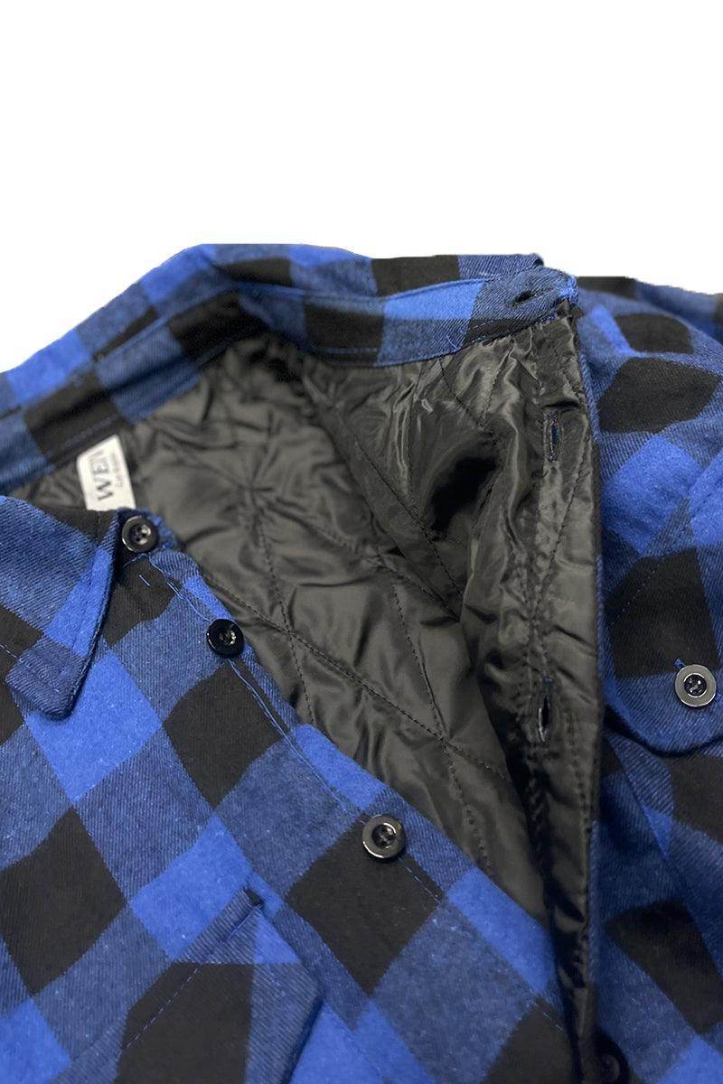 VacationGrabs mens quilted flannel shirt in blue and black plaid, featuring a stylish collar and quilted lining