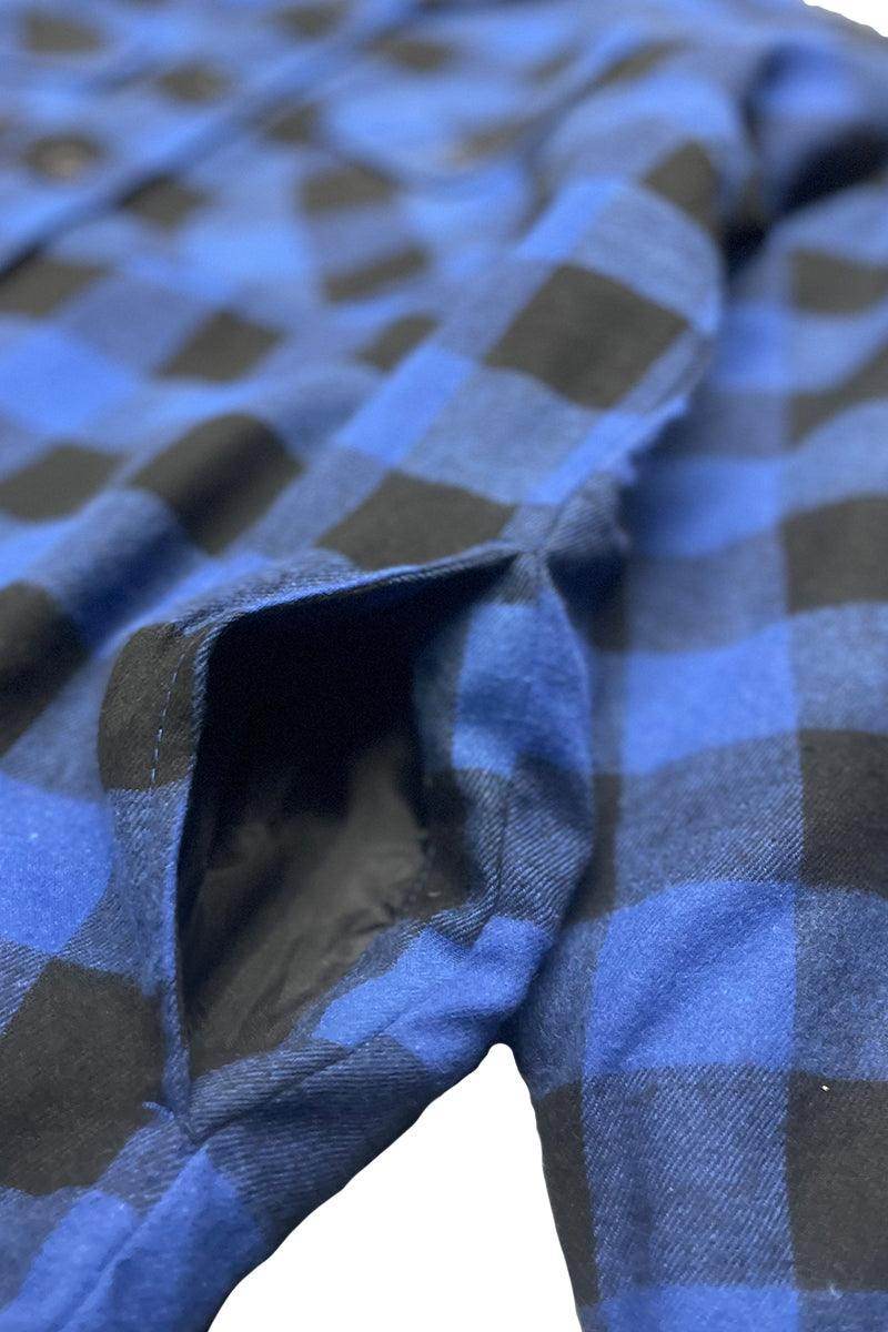Men's quilted flannel shirt in blue and black checkered pattern with a comfortable fit