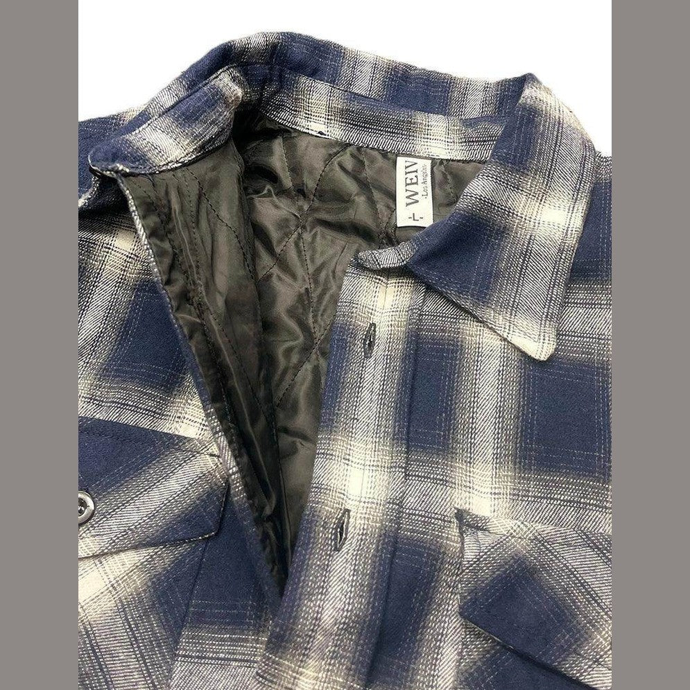 Mens quilted flannel shirt in navy and white plaid with a soft interior lining