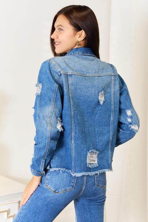 Trendsi Women's Raw Hem Jean Jacket in Blue with Distressed Details for Casual Style