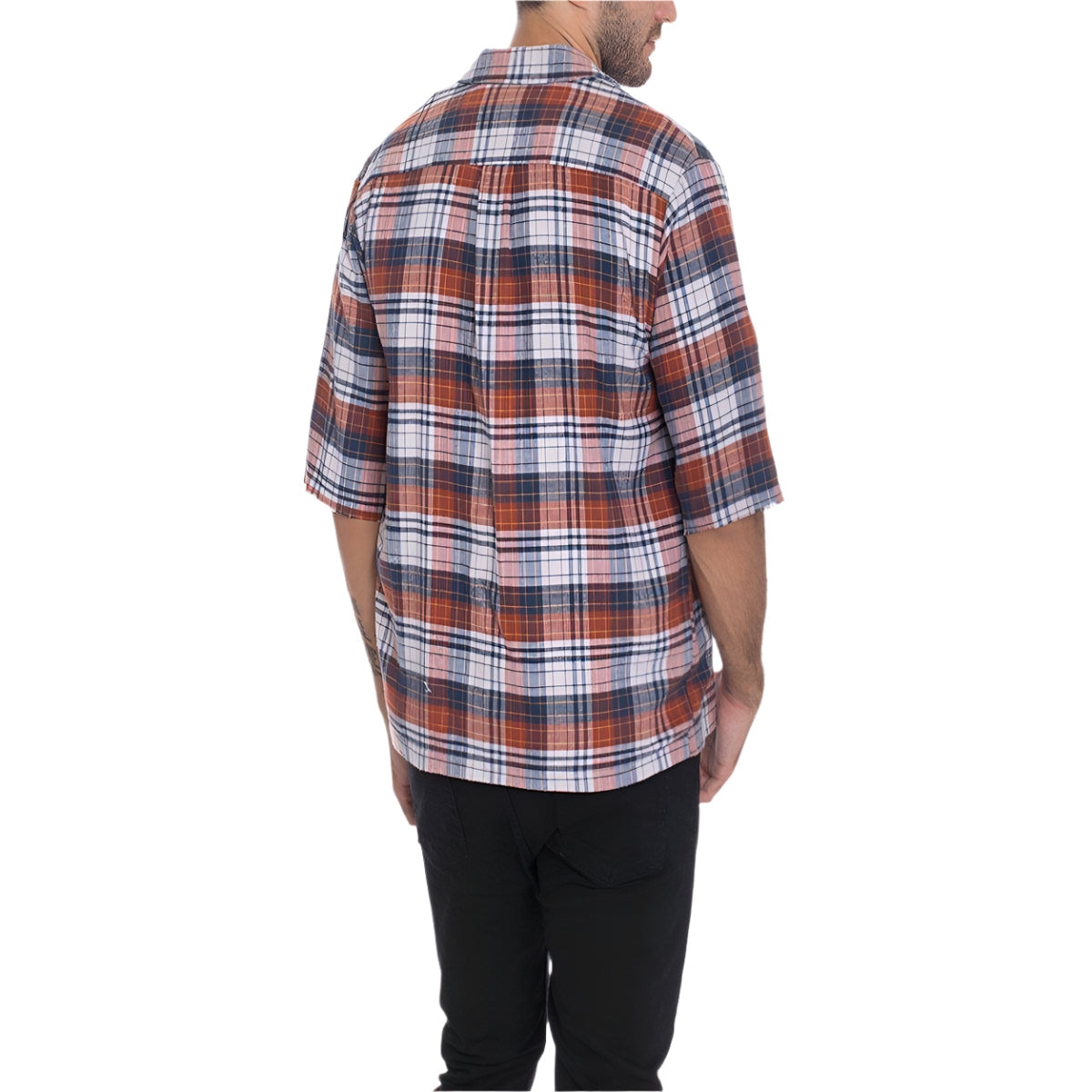 Men's short sleeve zip flannel in red and blue plaid design from VacationGrabs, perfect for casual wear.