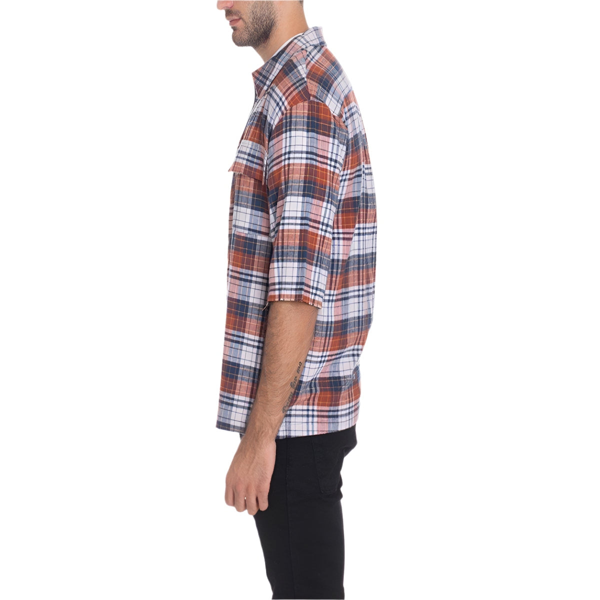 Men's short sleeve zip flannel shirt in orange and blue plaid from VacationGrabs, perfect for casual wear.